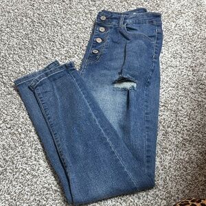 High-Rise Button-Fly Distressed Women’s Jeans — Blue